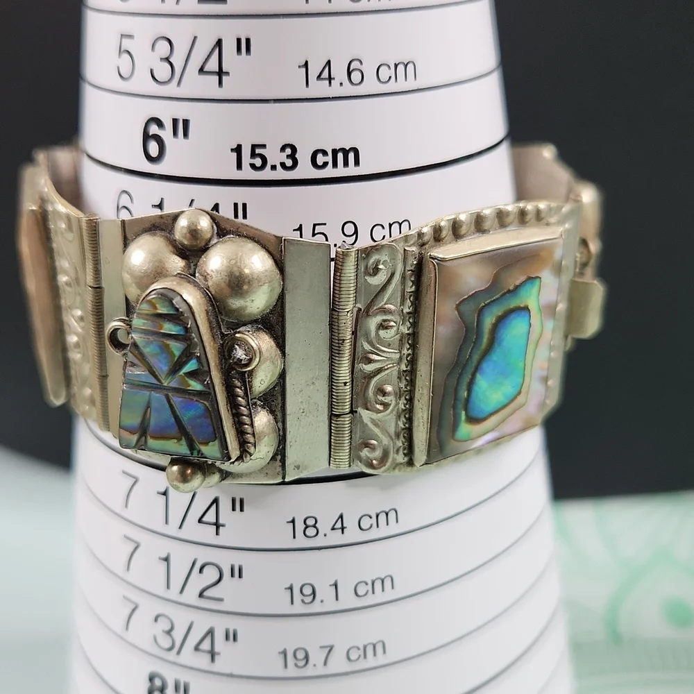Vintage Taxco Mexico Sterling Panel Bracelet Abalone Mother of Pearl MOP - Picture 9 of 12